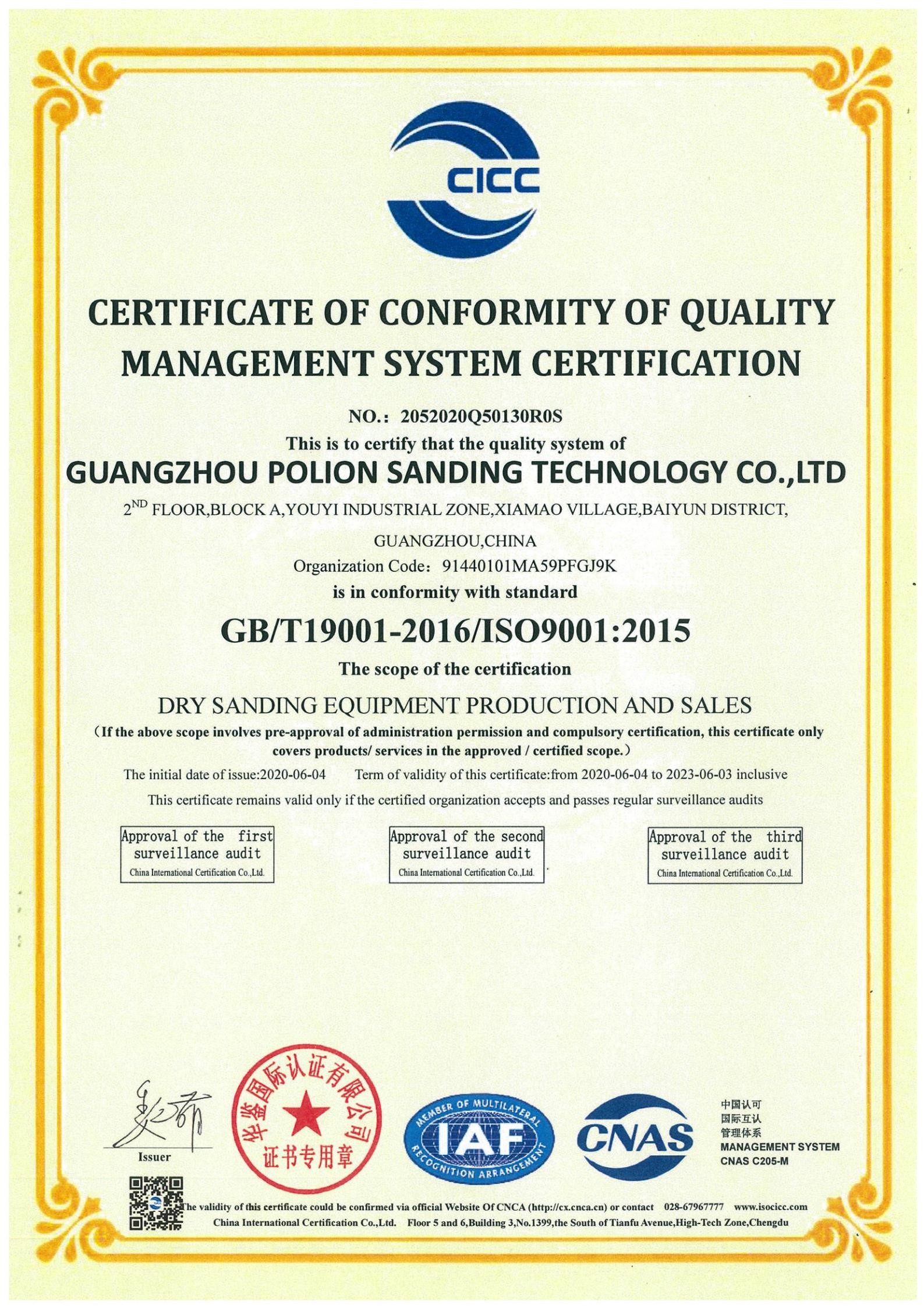 Cina Polion Sanding Technology Co., LTD Sertifikasi